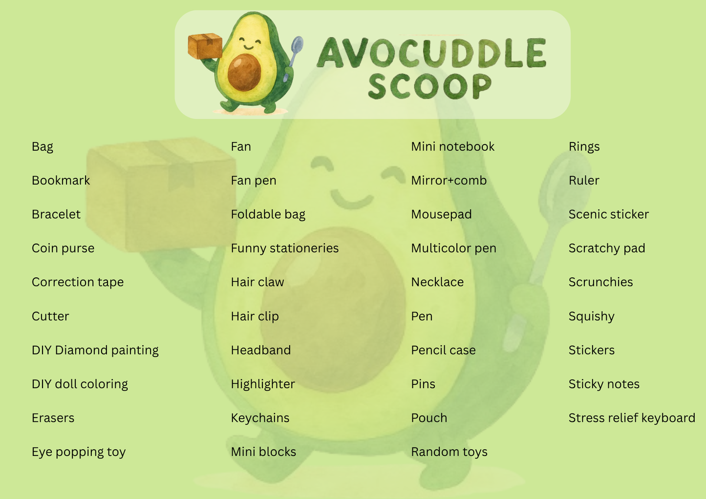 Avocuddle Mystery Scoop – ALL categories